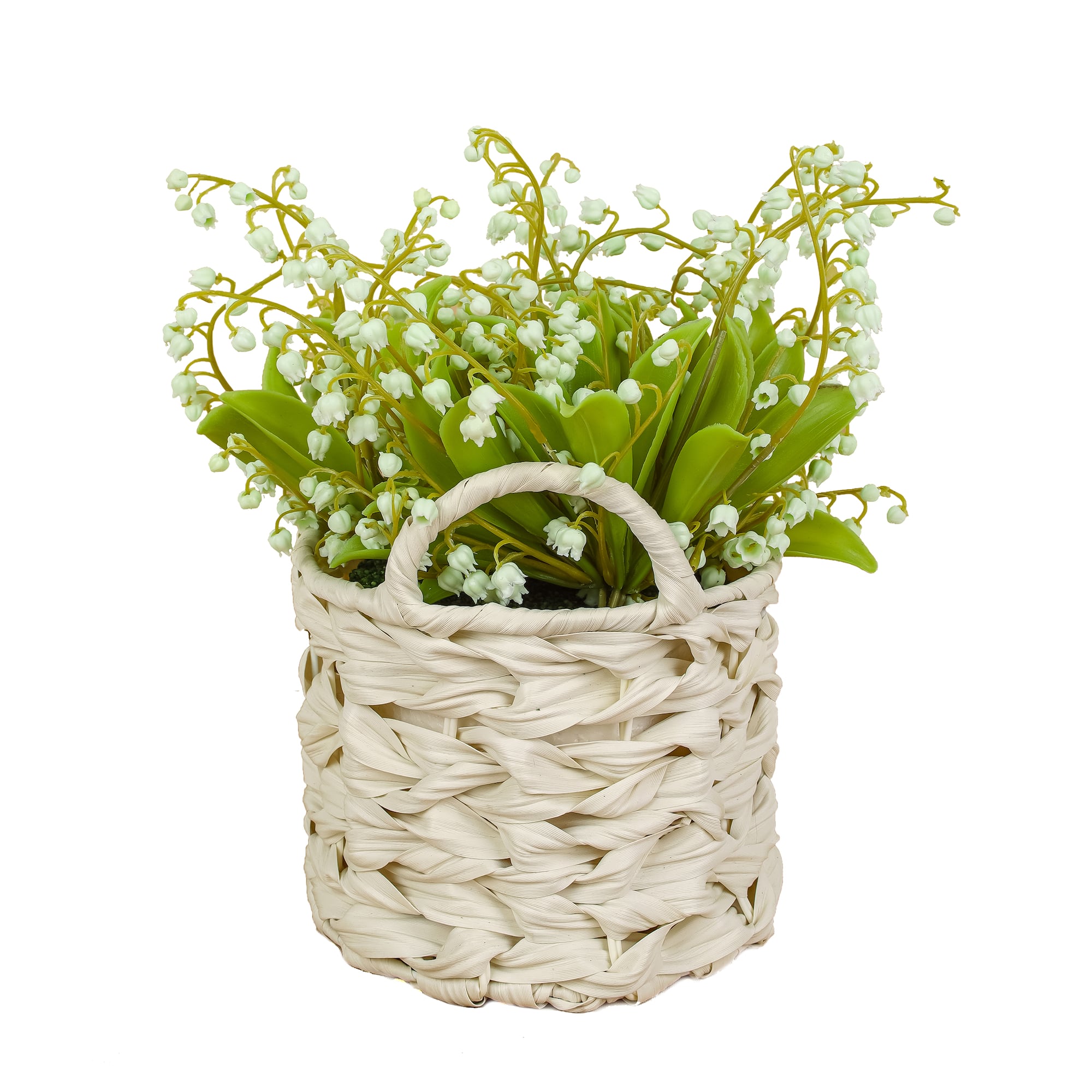11" Lily-Of-The-Valley Flowers In White Basket